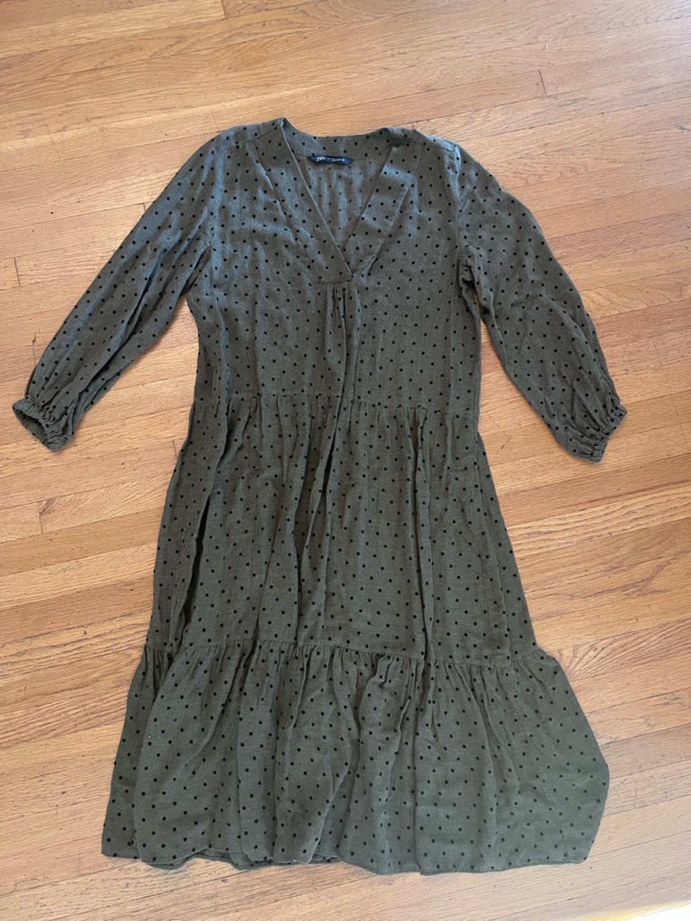 Zara Olive Green Polka Dot V-Neck Midi Dress